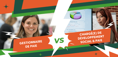 Comparaison entre le métier de gestionnaire de paie et celui de chargé de développement social et paie, illustrée par deux professionnelles et des éléments graphiques liés à la paie et aux données sociales.