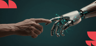 Une main humaine touche la main d'un robot, illustrant l'évolution du métier d'assistant avec la transformation digitale et l'intelligence artificielle.