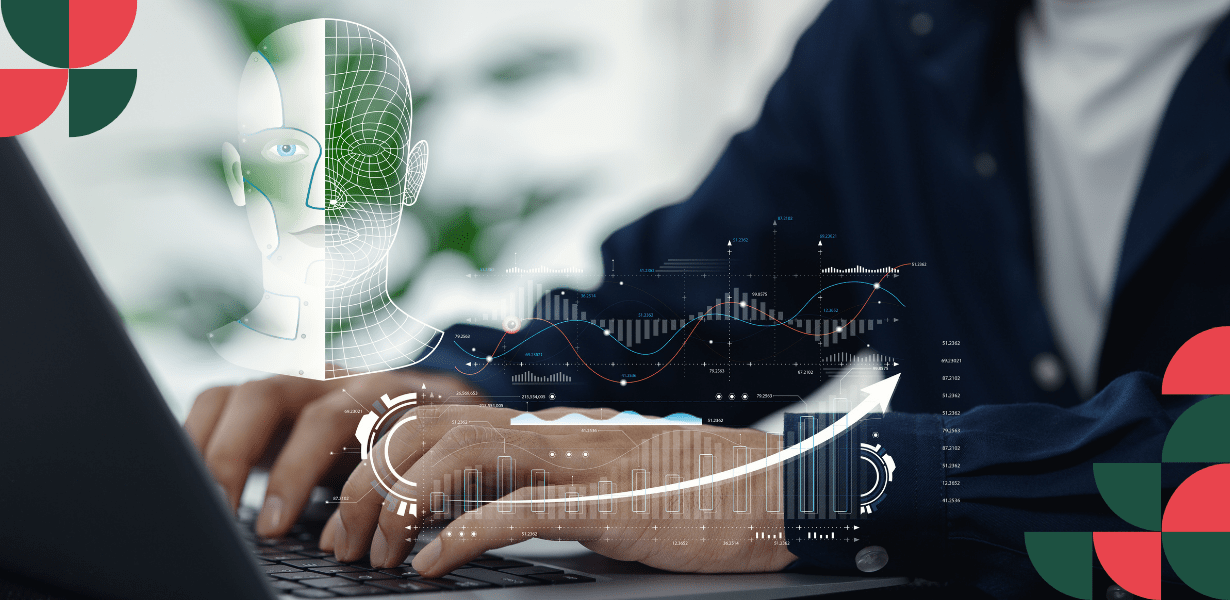 Assistant travaillant sur un ordinateur avec une représentation de l’intelligence artificielle et des données numériques